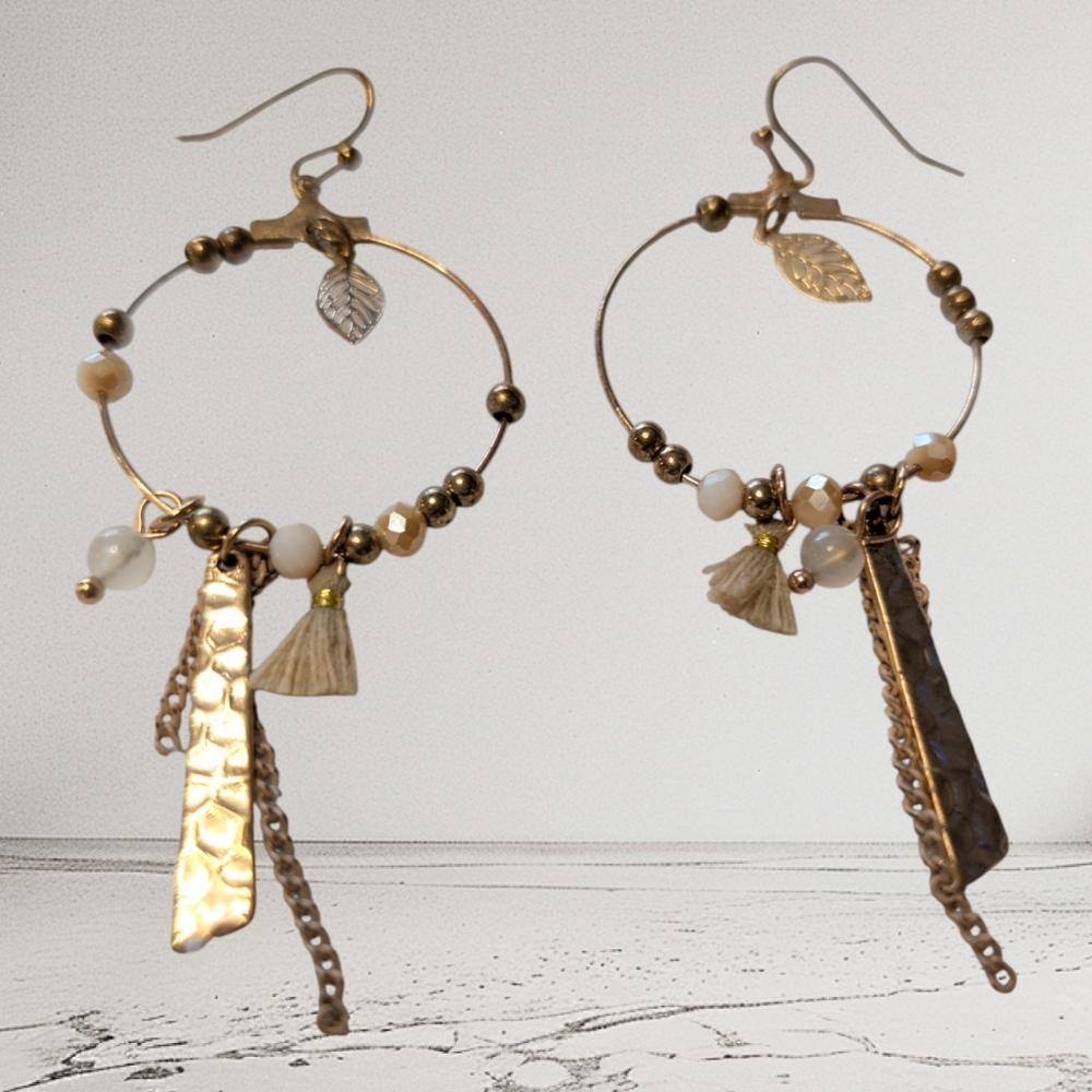Elegant Gold and Brown Beaded Tassle Geometric Hoop Earrings